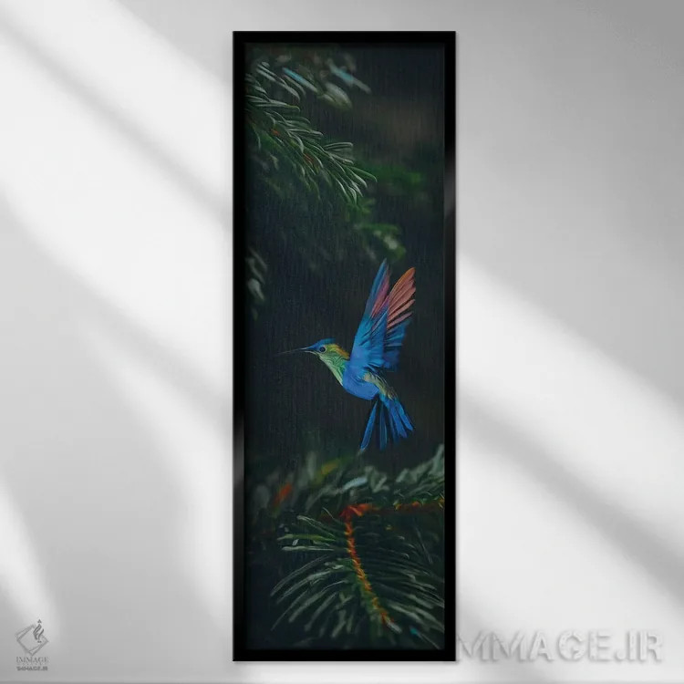 تابلو مرغهای مگسخوار در شاخههای صنوبر اثر ایوجنیا بیدیوک - نمای قابدار مشکی