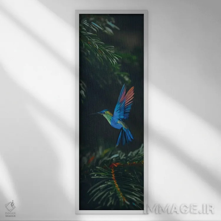 تابلو مرغهای مگسخوار در شاخههای صنوبر اثر ایوجنیا بیدیوک - نمای قابدار سفید