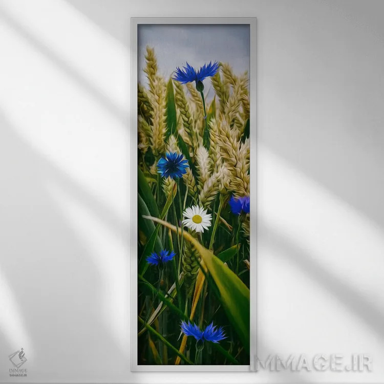 تابلو Daisies And Cornflowers,سنبلههای گندم، گل بابونه و گل گندم اثر ایوجنیا بیدیوک - نمای قابدار سفید