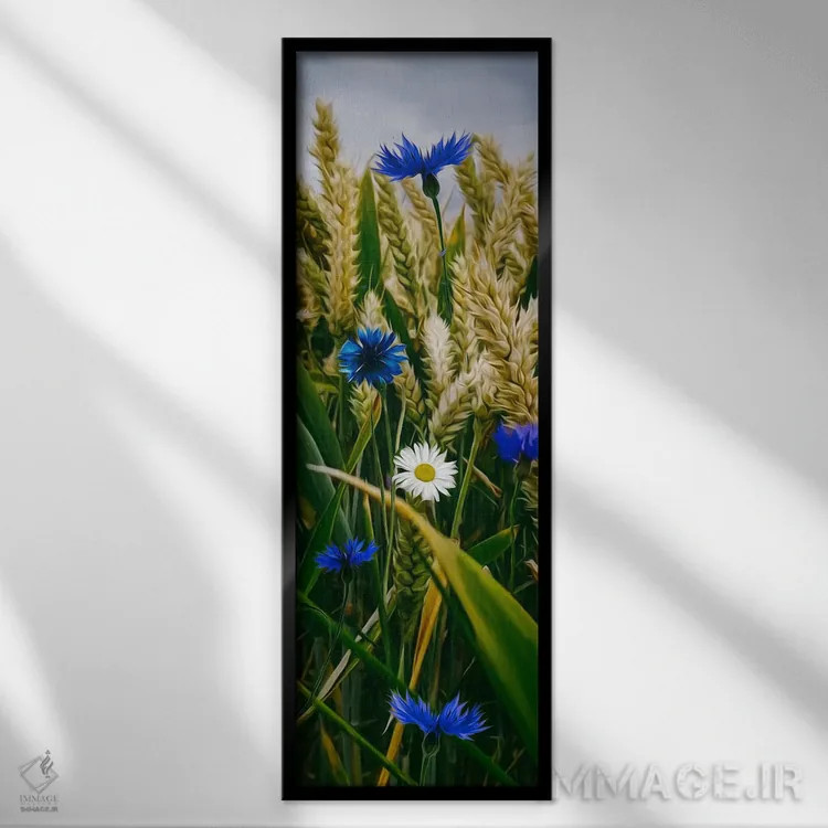 تابلو Daisies And Cornflowers,سنبلههای گندم، گل بابونه و گل گندم اثر ایوجنیا بیدیوک - نمای قابدار مشکی