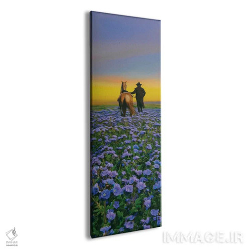 تابلو مسافری با اسب در حال عبور از مزرعهای پر از گل اثر ایوجنیا بیدیوک - نمای پرسپکتیو محصول