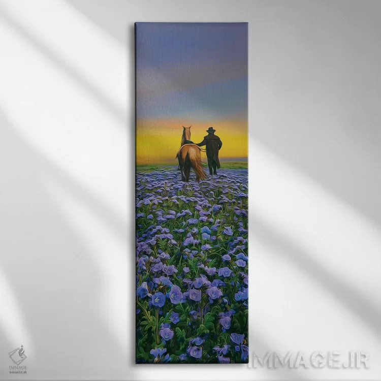 تابلو مسافری با اسب در حال عبور از مزرعهای پر از گل اثر ایوجنیا بیدیوک - نمای روبهرو روی دیوار