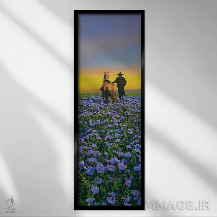 تابلو مسافری با اسب در حال عبور از مزرعهای پر از گل اثر ایوجنیا بیدیوک - نمای قابدار مشکی