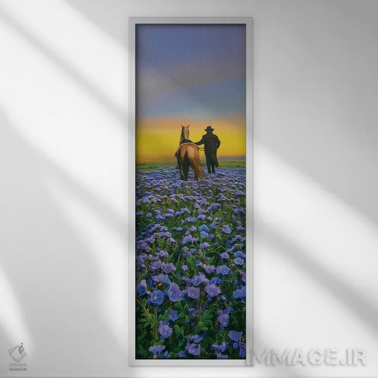 تابلو مسافری با اسب در حال عبور از مزرعهای پر از گل اثر ایوجنیا بیدیوک - نمای قابدار سفید