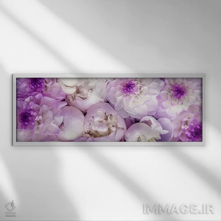 تابلو گلهای صدتومانی بنفش و کوکبها اثر ایوجنیا بیدیوک - نمای قابدار سفید