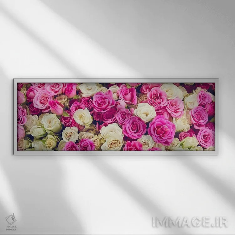 تابلو رزهای کرم و صورتی در یک دستهگل اثر ایوجنیا بیدیوک - نمای قابدار سفید