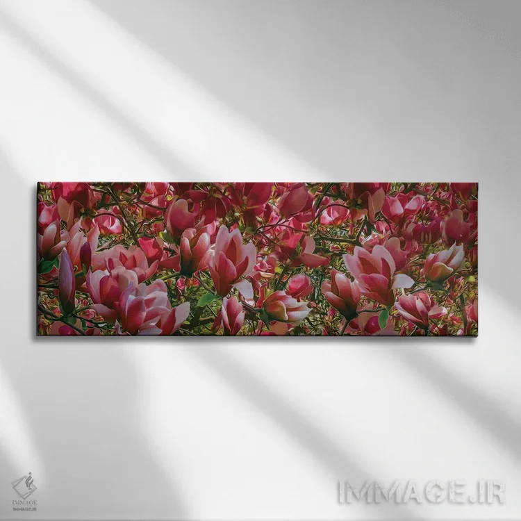 تابلو پسزمینه گل مگنولیای صورتی شکوفا اثر ایوجنیا بیدیوک - نمای روبهرو روی دیوار