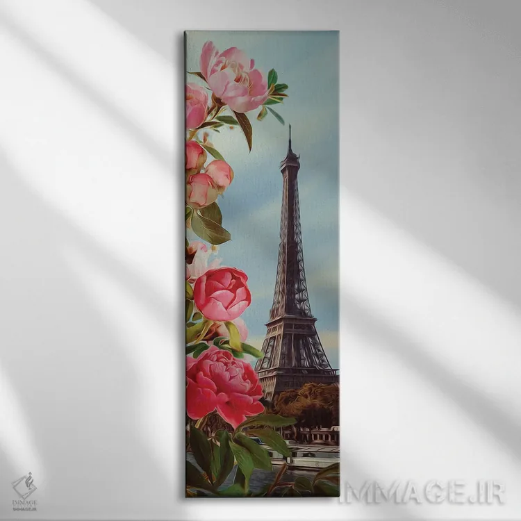 تابلو پیونیهای صورتی و پاریس اثر ایوجنیا بیدیوک - نمای روبهرو روی دیوار