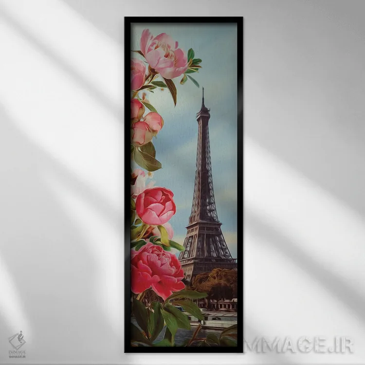 تابلو پیونیهای صورتی و پاریس اثر ایوجنیا بیدیوک - نمای قابدار مشکی