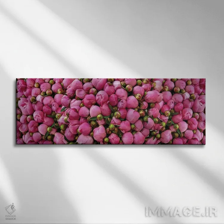 تابلو غنچههای صدتومانی صورتی اثر ایوجنیا بیدیوک - نمای روبهرو روی دیوار