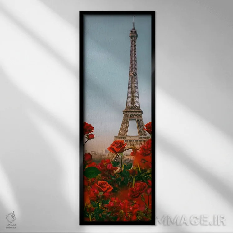 تابلو رزهای قرمز و پاریس اثر ایوجنیا بیدیوک - نمای قابدار مشکی