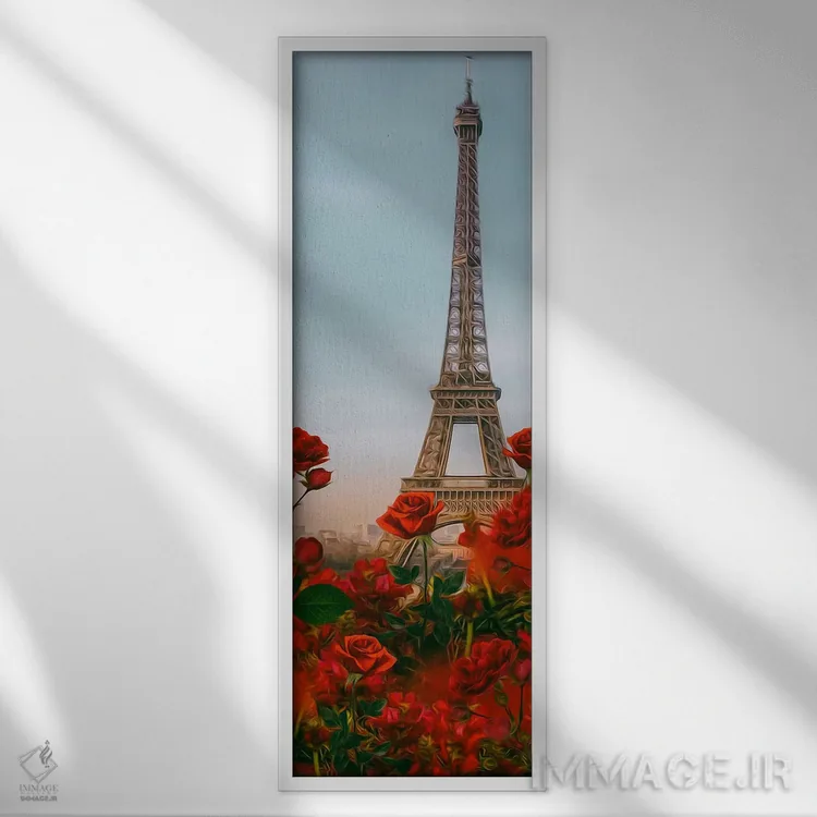 تابلو رزهای قرمز و پاریس اثر ایوجنیا بیدیوک - نمای قابدار سفید