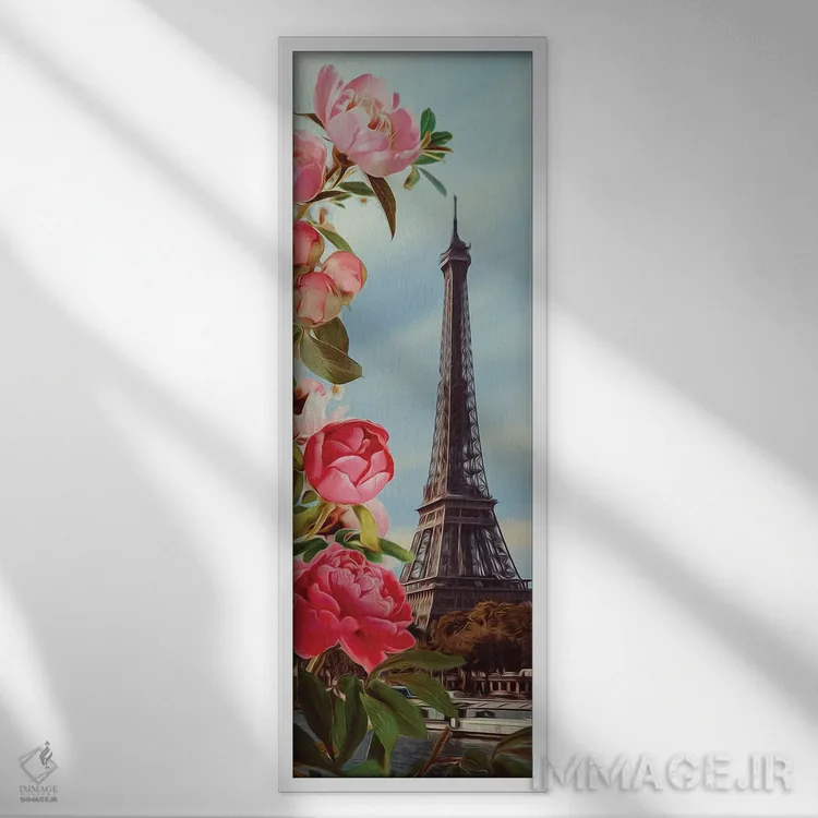 تابلو پیونیهای صورتی و پاریس اثر ایوجنیا بیدیوک - نمای قابدار سفید