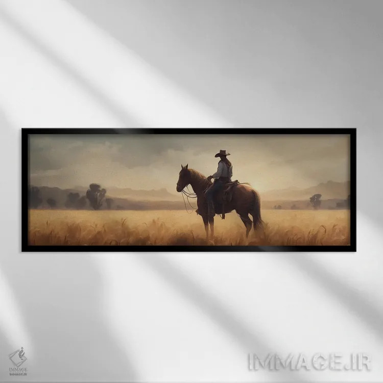 تابلو یک کابوی در مزرعهٔ گندم اثر ایوجنیا بیدیوک - نمای قابدار مشکی