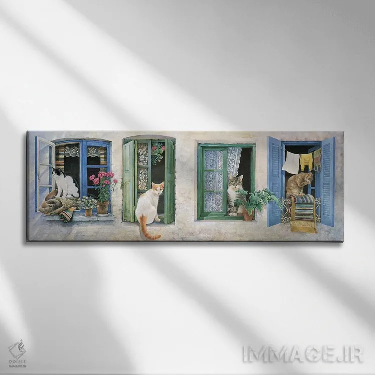 تابلو دو گربهٔ یونانی اثر آیوری کتس (برند هنری نقاشی گربه) - نمای روبهرو روی دیوار