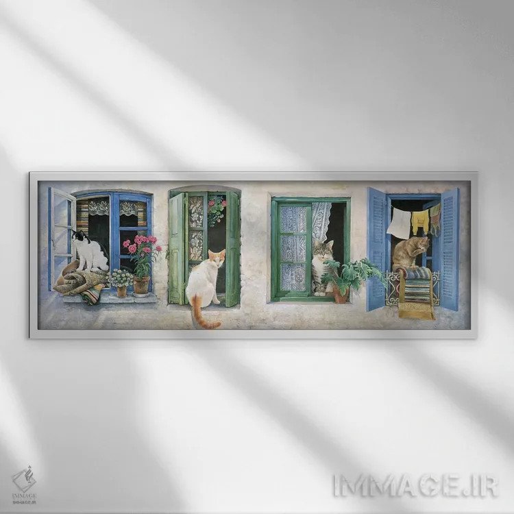 تابلو دو گربهٔ یونانی اثر آیوری کتس (برند هنری نقاشی گربه) - نمای قابدار سفید