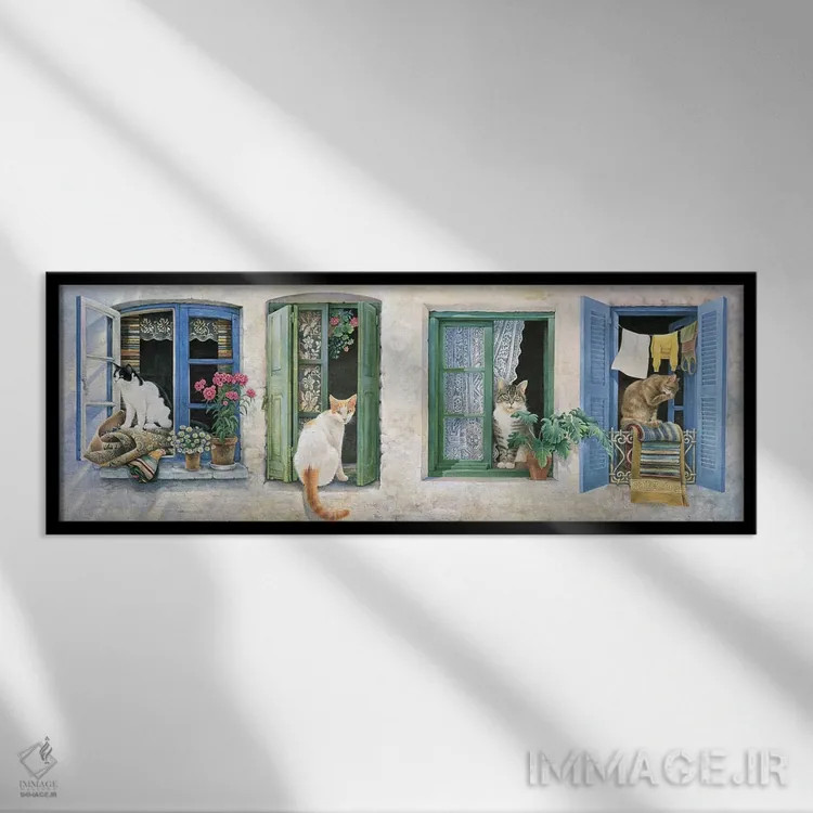 تابلو دو گربهٔ یونانی اثر آیوری کتس (برند هنری نقاشی گربه) - نمای قابدار مشکی