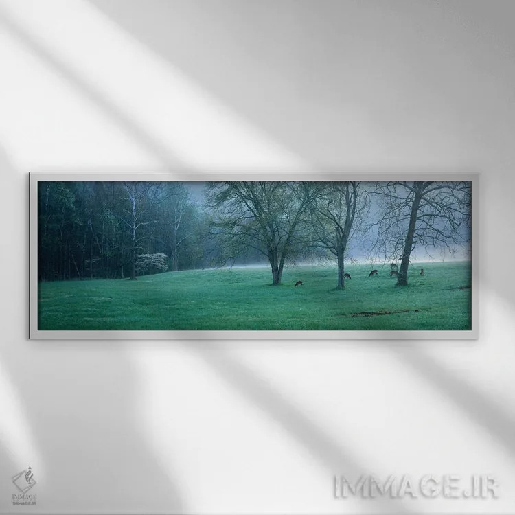 تابلو صبح مهآلود و گوزنها اثر جیم بسیا - نمای قابدار سفید