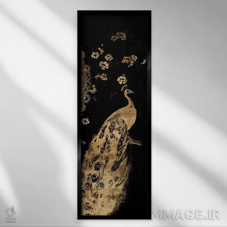 تابلو سهلت طاووس زرنشان سه اثر جنیفر گلدبرگر - نمای قابدار مشکی