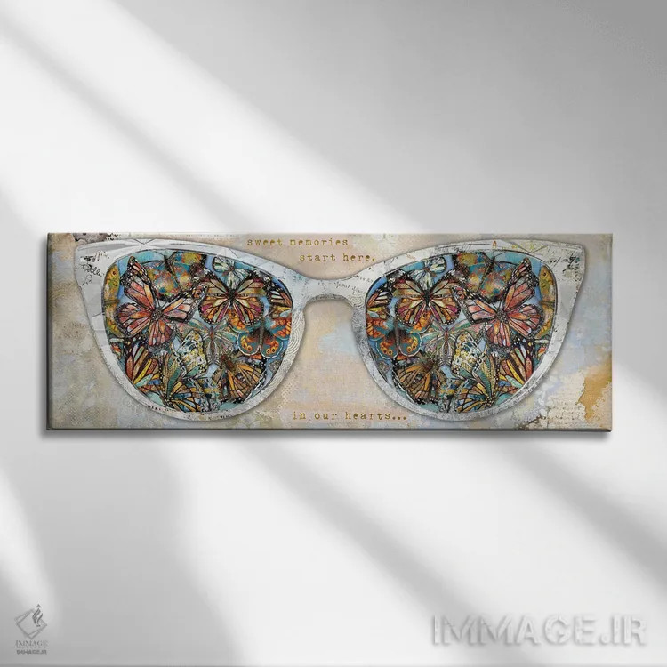 تابلو عینکهای رنگارنگ پروانهای اثر جنیفر لمباین - نمای روبهرو روی دیوار