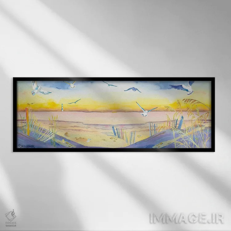 تابلو تپههای شنی ساحلی و مرغهای دریایی اثر جو لینچ - نمای قابدار مشکی