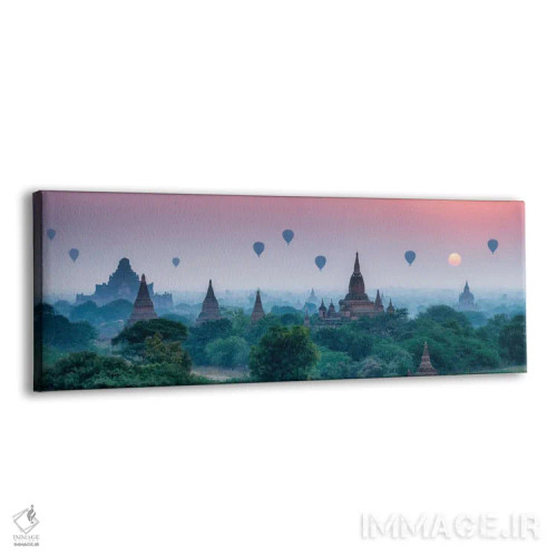 تابلو Bagan, Myanmar,معبدهای قدیمی با بالنهای هوای گرم در طلوع خورشید، باگان، میانمار اثر یان بکه - نمای پرسپکتیو محصول