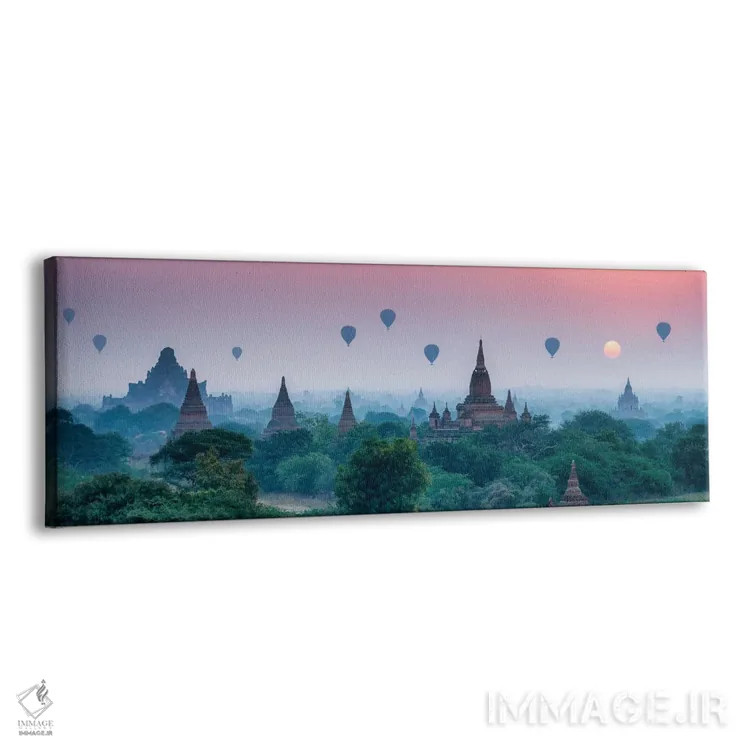 تابلو Bagan, Myanmar,معبدهای قدیمی با بالنهای هوای گرم در طلوع خورشید، باگان، میانمار اثر یان بکه - نمای پرسپکتیو محصول