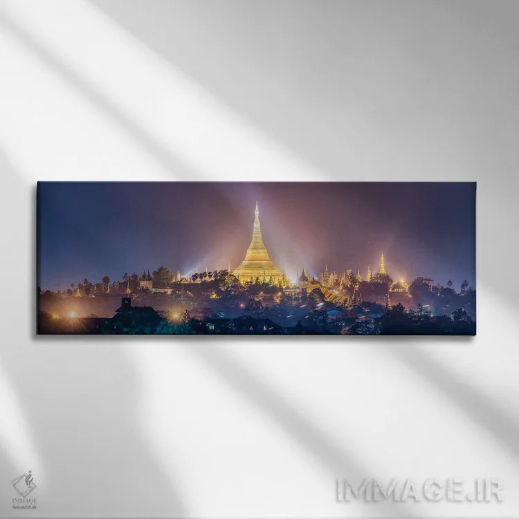 تابلو Myanmar,نمای پانوراما از پاگودای طلایی شویداگون در شب، یانگون، میانمار اثر یان بکه - نمای روبهرو روی دیوار