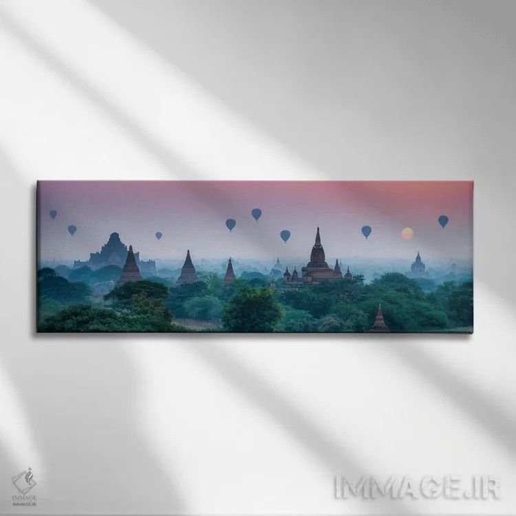 تابلو Bagan, Myanmar,معبدهای قدیمی با بالنهای هوای گرم در طلوع خورشید، باگان، میانمار اثر یان بکه - نمای روبهرو روی دیوار