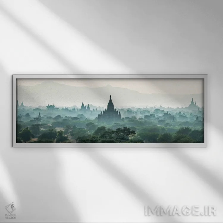 تابلو Myanmar,مه صبحگاهی بر فراز معابد باگان، میانمار اثر یان بکه - نمای قابدار سفید