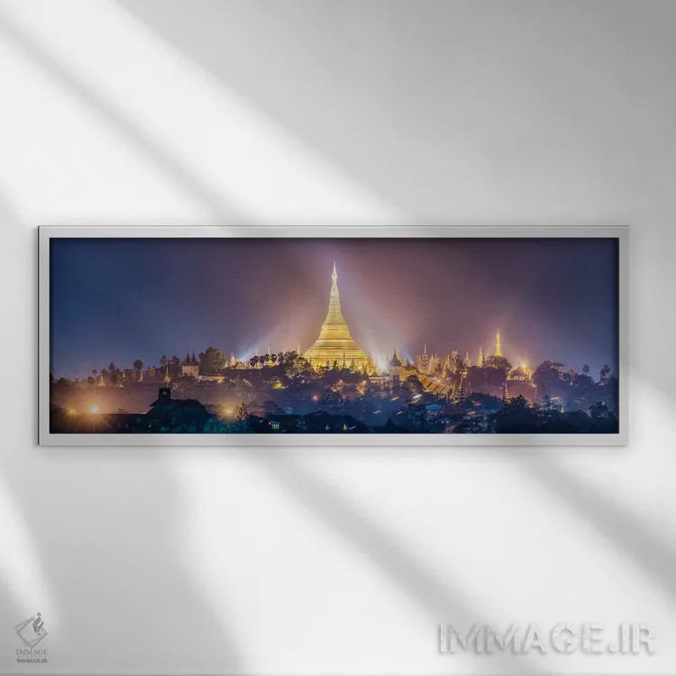 تابلو Myanmar,نمای پانوراما از پاگودای طلایی شویداگون در شب، یانگون، میانمار اثر یان بکه - نمای قابدار سفید