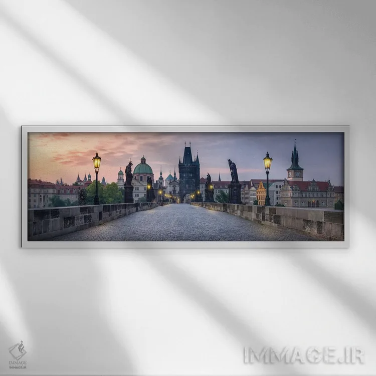 تابلو Czech Republic,نمای پانوراما از پل چارلز در پراگ، جمهوری چک اثر یان بکه - نمای قابدار سفید