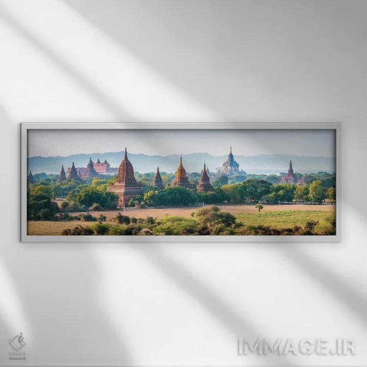 تابلو Myanmar,نمای پانوراما از معابد در باگان قدیم، میانمار اثر یان بکه - نمای قابدار سفید