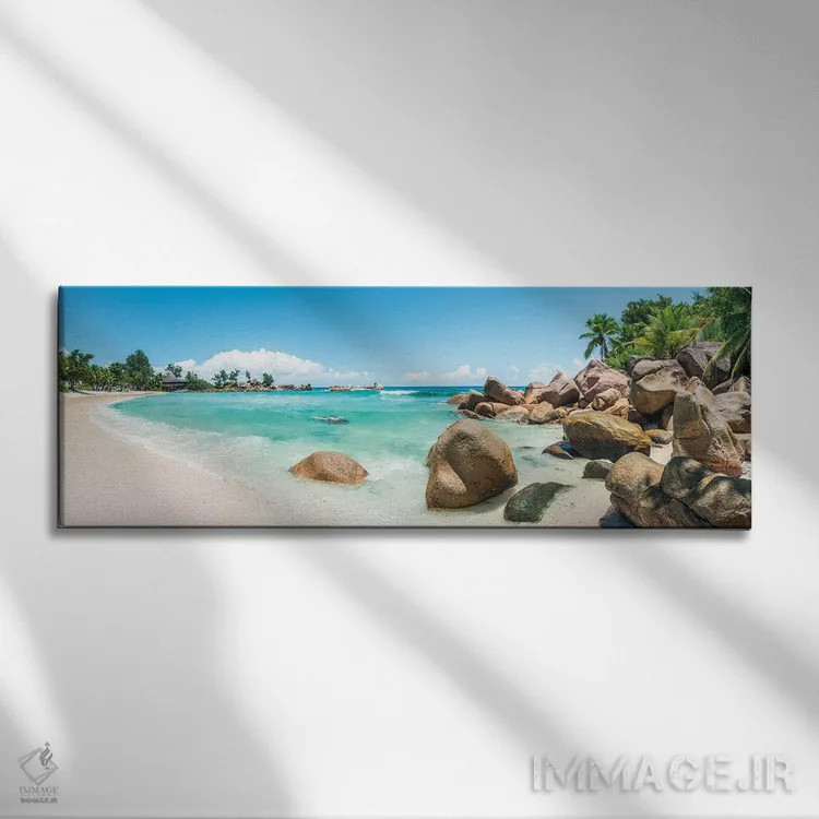تابلو Seychelles,نمای پانوراما از یک ساحل گرمسیری در جزیره پرسلین، سیشل اثر یان بکه - نمای روبهرو روی دیوار