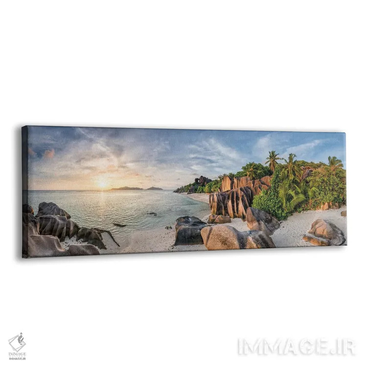 تابلو La Digue, Seychelles,نمای پانورامای غروب در ساحل آنسه سورس دارژان، لا دیگ، سیشل اثر یان بکه - نمای پرسپکتیو محصول