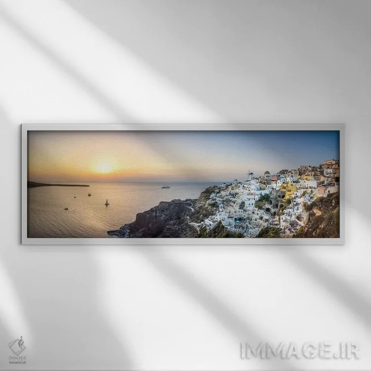 تابلو Santorini, Greece,نمای پانورامای غروب از اویا و کالدرا، سانتورینی، یونان اثر یان بکه - نمای قابدار سفید