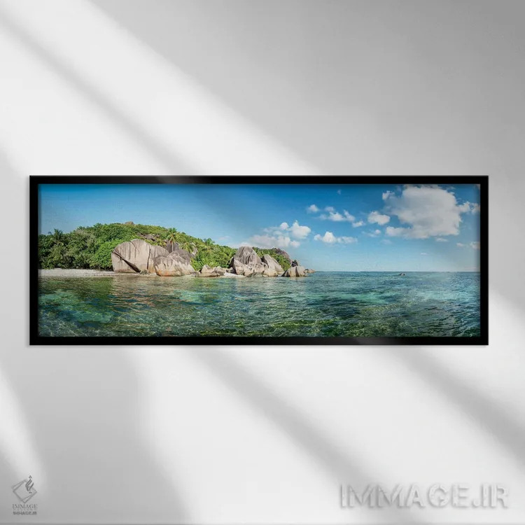 تابلو La Digue, Seychelles,پانورامای ساحل آنسه سورس دارژان، لا دیگ، سیشل اثر یان بکه - نمای قابدار مشکی