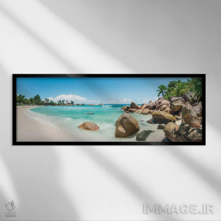 تابلو Seychelles,نمای پانوراما از یک ساحل گرمسیری در جزیره پرسلین، سیشل اثر یان بکه - نمای قابدار مشکی