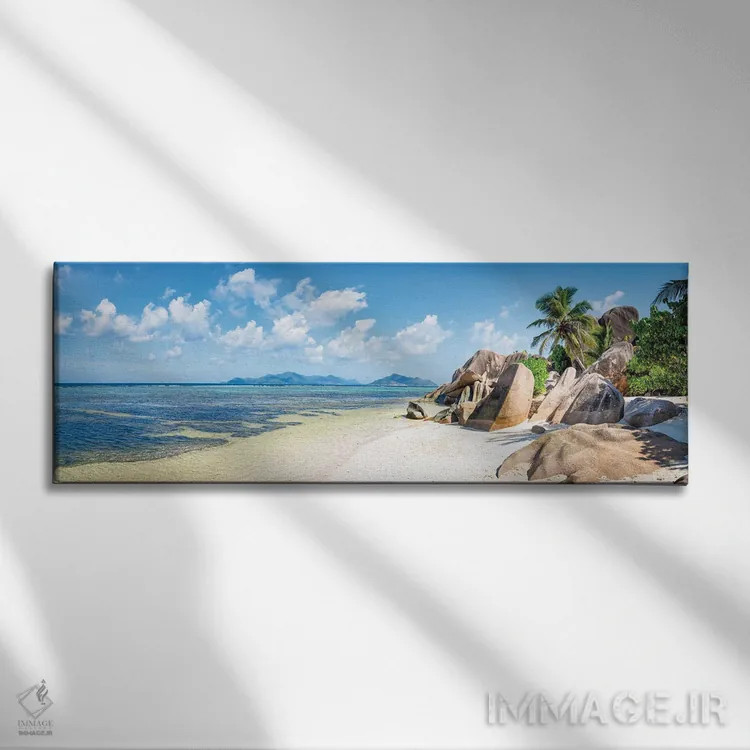 تابلو Seychelles,نمای پانوراما از ساحل آنسه سورس دارژان در جزیره لا دیگ، سیشل اثر یان بکه - نمای روبهرو روی دیوار