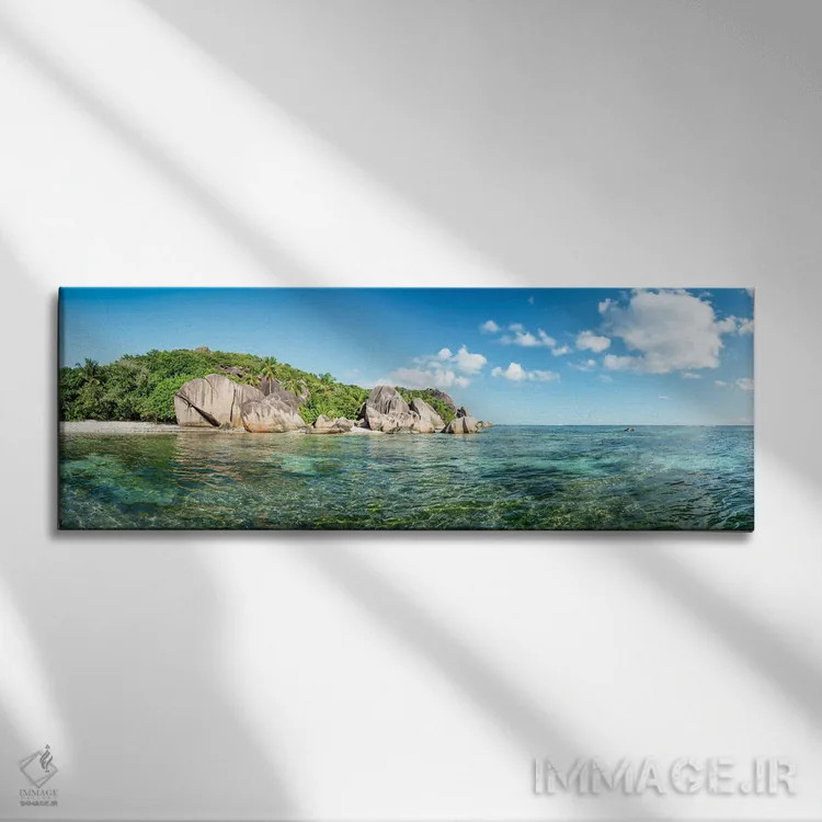 تابلو La Digue, Seychelles,پانورامای ساحل آنسه سورس دارژان، لا دیگ، سیشل اثر یان بکه - نمای روبهرو روی دیوار