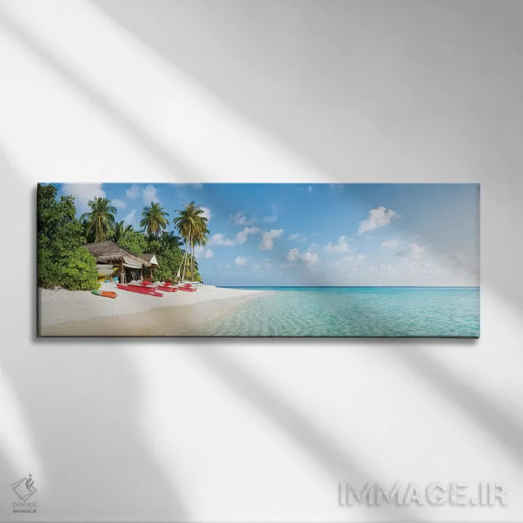 تابلو پانورامای ساحل گرمسیری در مالدیو اثر یان بکه - نمای روبهرو روی دیوار