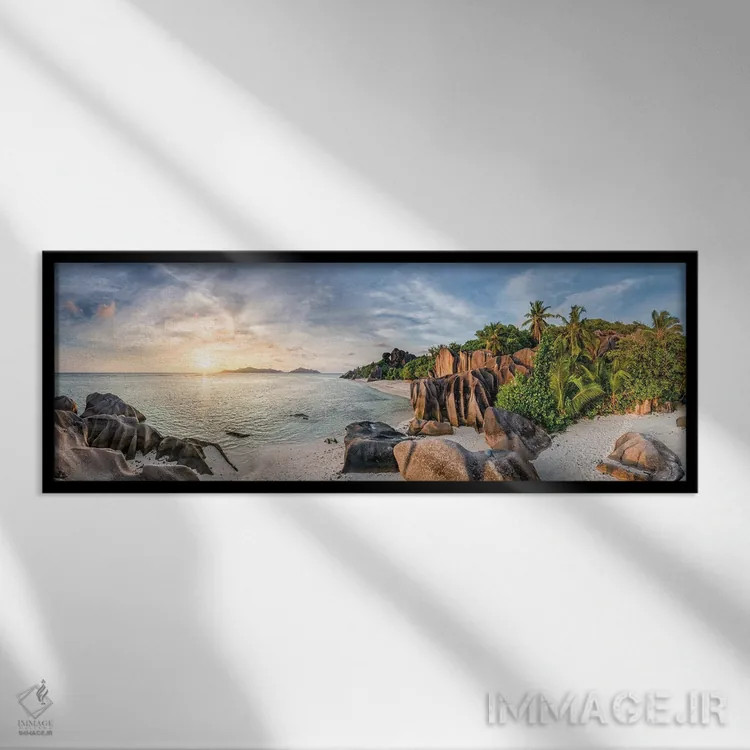 تابلو La Digue, Seychelles,نمای پانورامای غروب در ساحل آنسه سورس دارژان، لا دیگ، سیشل اثر یان بکه - نمای قابدار مشکی