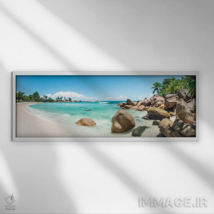 تابلو Seychelles,نمای پانوراما از یک ساحل گرمسیری در جزیره پرسلین، سیشل اثر یان بکه - نمای قابدار سفید