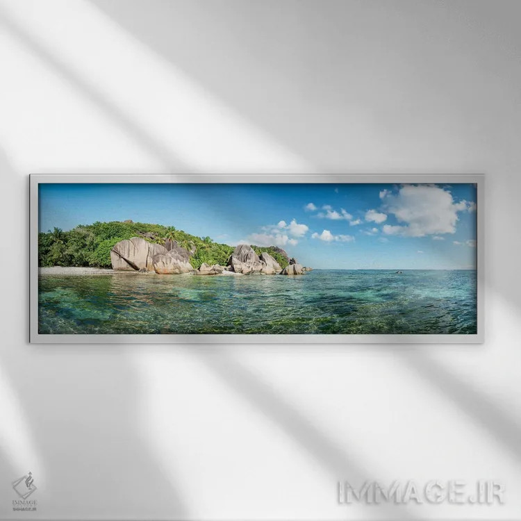 تابلو La Digue, Seychelles,پانورامای ساحل آنسه سورس دارژان، لا دیگ، سیشل اثر یان بکه - نمای قابدار سفید