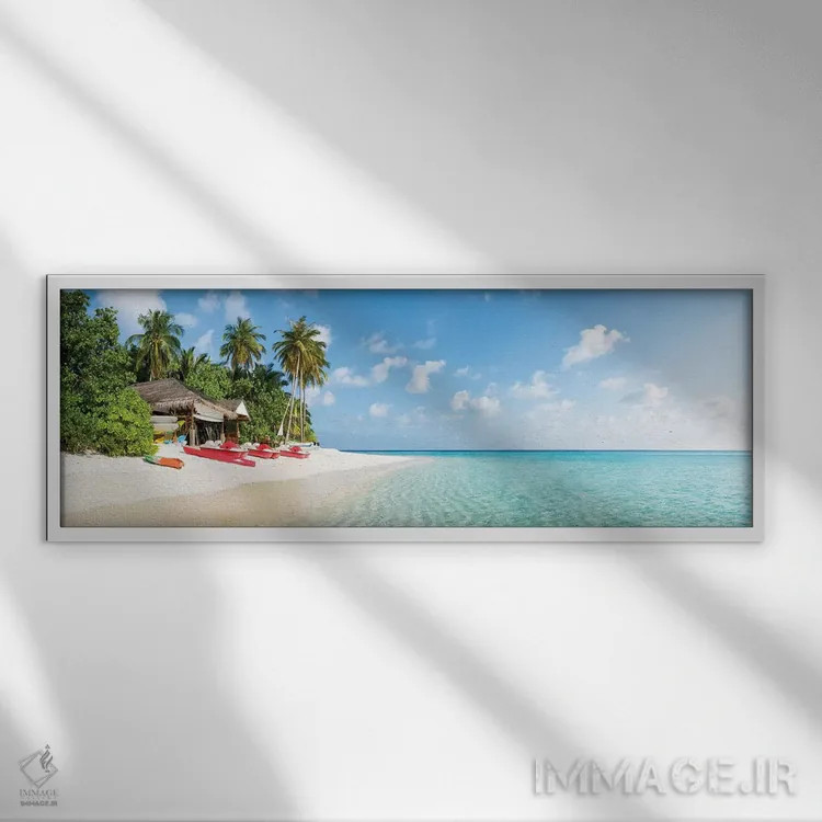 تابلو پانورامای ساحل گرمسیری در مالدیو اثر یان بکه - نمای قابدار سفید