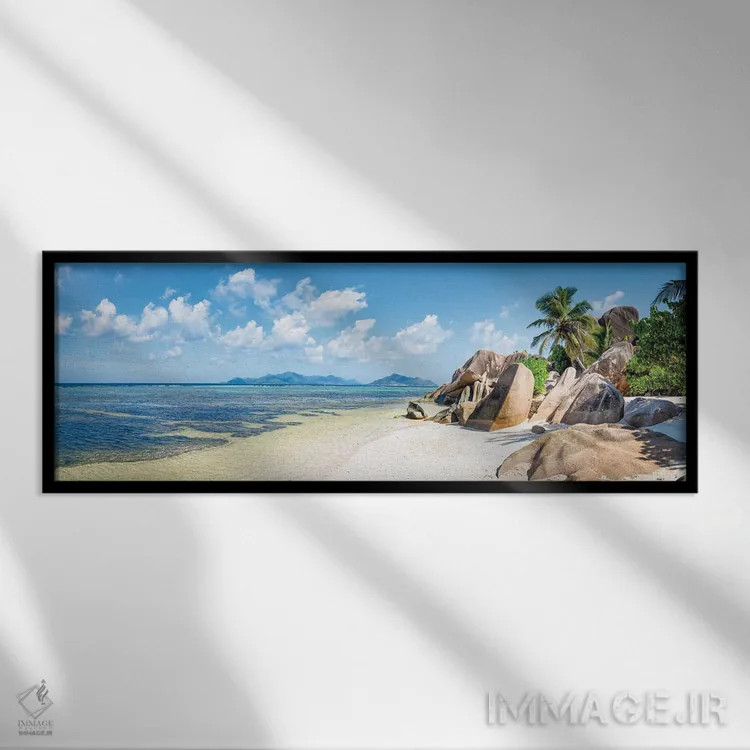 تابلو Seychelles,نمای پانوراما از ساحل آنسه سورس دارژان در جزیره لا دیگ، سیشل اثر یان بکه - نمای قابدار مشکی