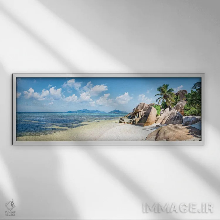 تابلو Seychelles,نمای پانوراما از ساحل آنسه سورس دارژان در جزیره لا دیگ، سیشل اثر یان بکه - نمای قابدار سفید