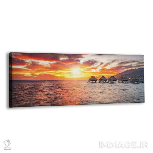 تابلو Bora Bora Atoll,خانههای چوبی روی آب هنگام غروب در آتول بورا بورا اثر یان بکه - نمای پرسپکتیو محصول