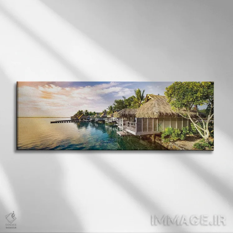 تابلو Moorea Island, French Polynesia,ویلاهای روی آب هنگام غروب، جزیره مورئا، پلینزی فرانسه اثر یان بکه - نمای روبهرو روی دیوار