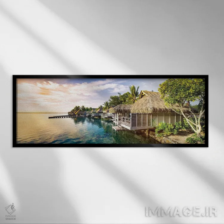 تابلو Moorea Island, French Polynesia,ویلاهای روی آب هنگام غروب، جزیره مورئا، پلینزی فرانسه اثر یان بکه - نمای قابدار مشکی